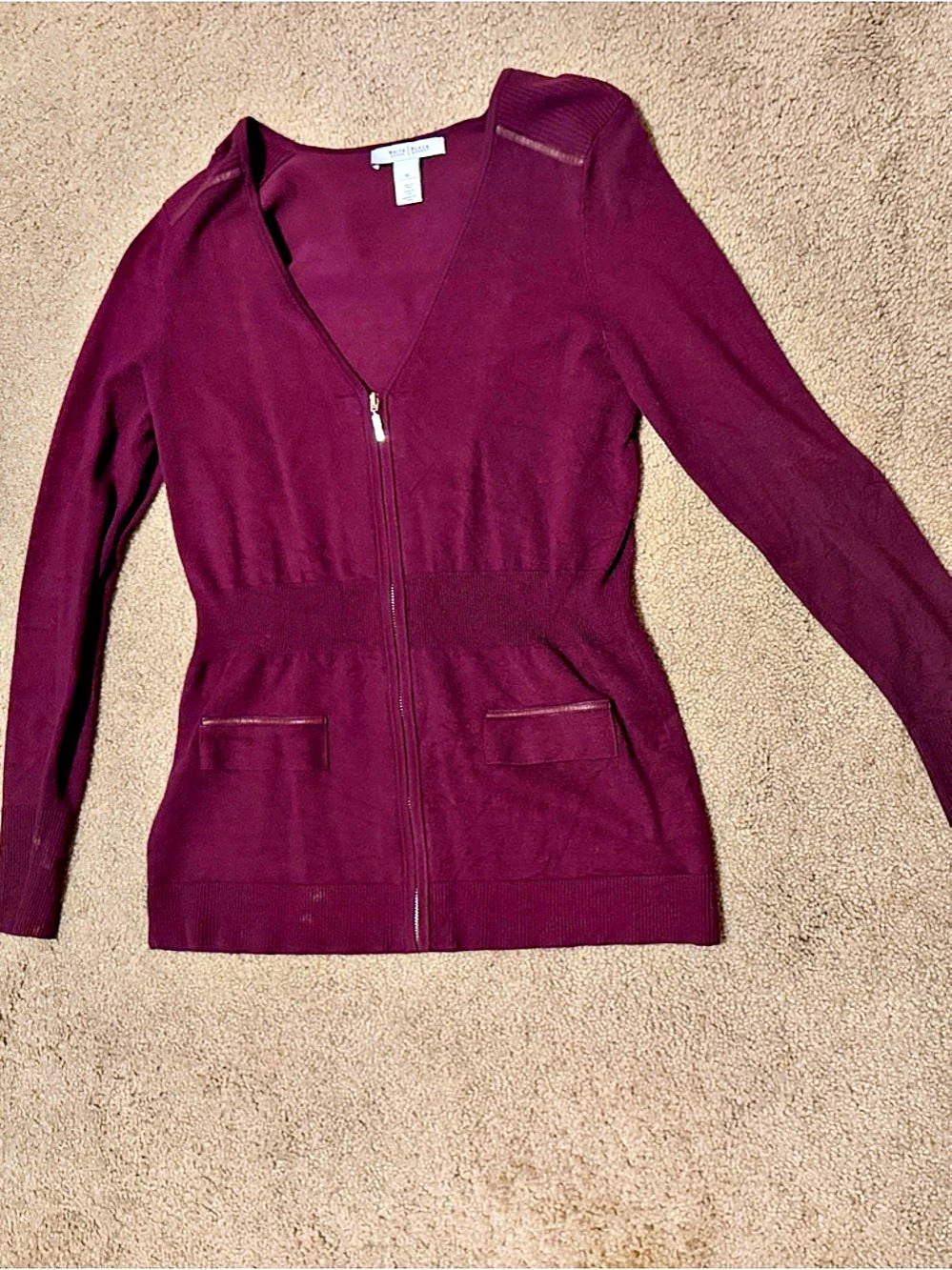 White House Black Market Zip Front Cardigan in burgundy
